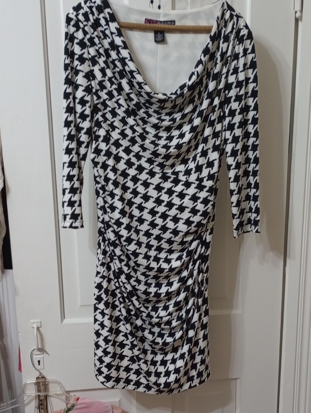 PECK & PECK Black and White Houndstooth Draped Midi Dress